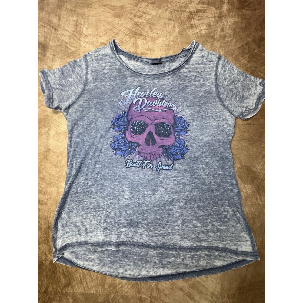 Vintage Harley-Davidson Women's  Skull Graphic Studded Tee Blue Grey *Medium
